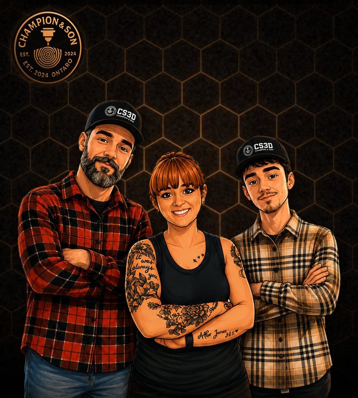 Cartoon of the Champion family in CS3D gear: Paul, AJ and Arthur